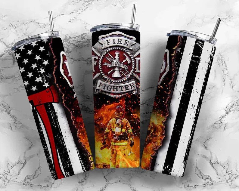 Firefighter Coffee Tumbler - 20 Oz Stainless Steel Insulated Travel Mug - Gift For Firefighters, Men, Dad, Birthday, Retirement