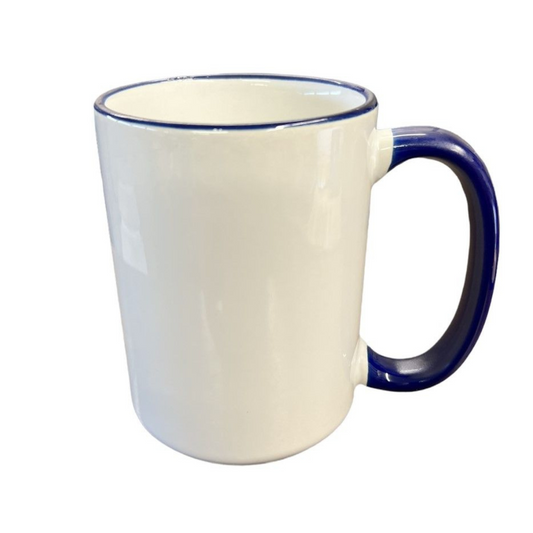 15 Ounce Custom Coffee Mugs - Blue Rim and Handle